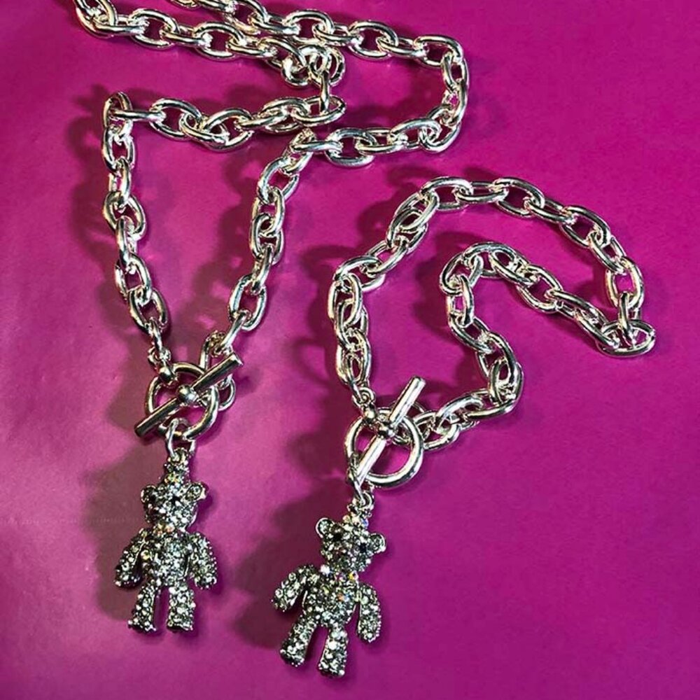 Silver Plated Rolo Chain Teddy Bear Charm Toggle Necklace Bracelet Set 925 OOAK